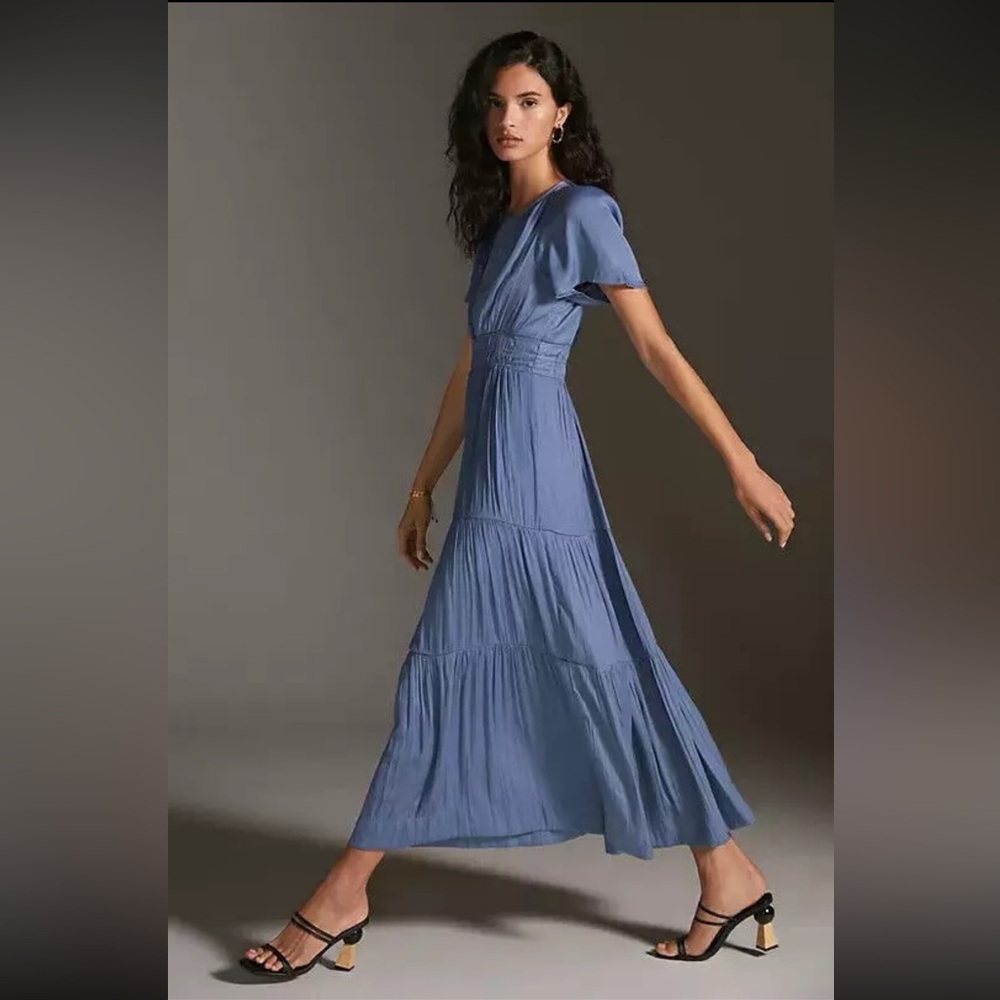Anthropologie Somerset Satin Maxi Dress Silky Flowy Slate Tiered Size Small